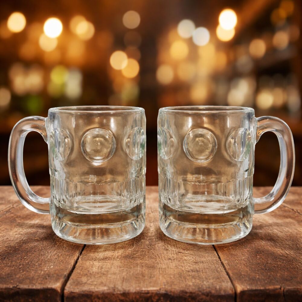 Vintage Glass Beer Steins Set of 2 Heavy Thumbprint Mugs 70-80s